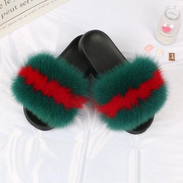 

slippers 2021 real raccoon fur for women slides flip flops beach plush fluffy furry designer sandal, Black