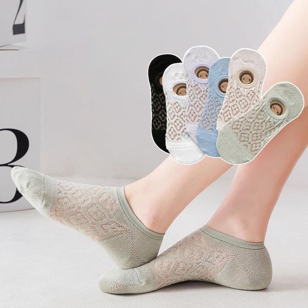 

socks & hosiery 5 pairs/socks for women spring/summer hollow mesh solid color invisible boat light fresh breathable co, Black;white