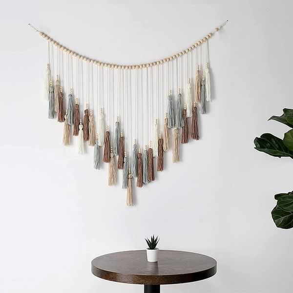 

tapestries large tassel wall hanging, boho yarn tassels garland with wood beads for nursery decor