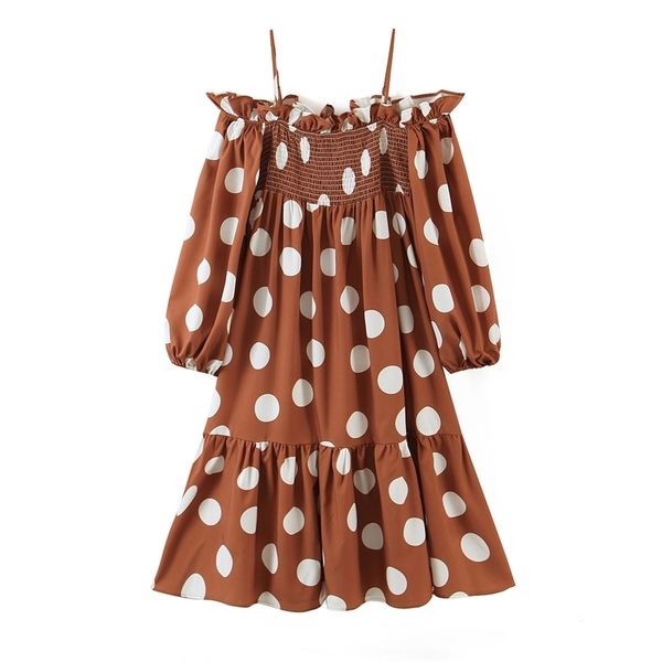 

women summer straps long sleeve loose dress elasted bust big dots printed a-line ruffled pleated 210524, Black;gray