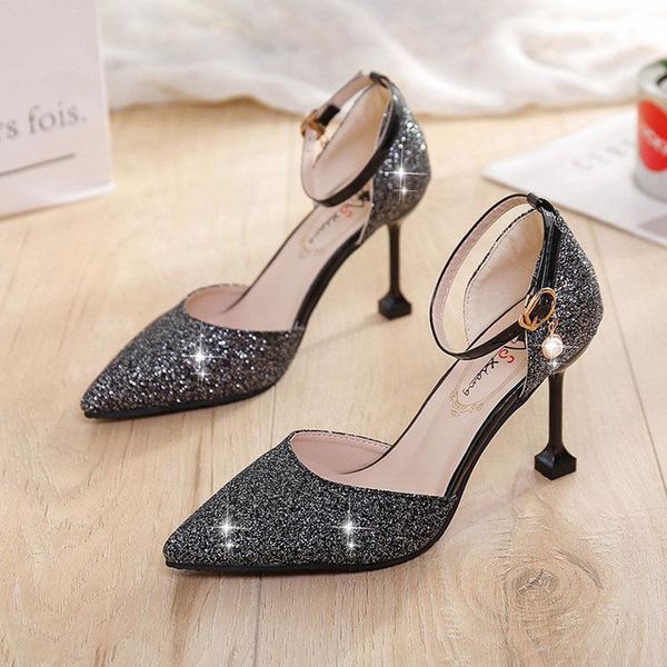 

35-39 size summer women shoes 7-8cm super high heel pointed toe sandals fashion thin party ladies bling, Black