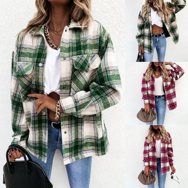 

ladies outwear spring and autumn plaid printed women shirt coat jacket red green pocket turn-down collar female d30 women's jackets, Black;brown