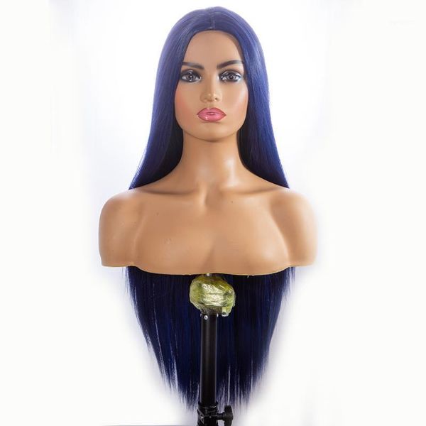 

dark blue color synthetic hair wigs long straight middle part halloween cosplay daily heat resistant fiber for women1, Black