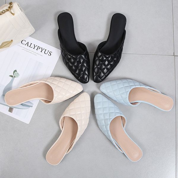 

lattices sewing candy colors closed toe woman slippers solid flats mules slides brief trendy cut-out plaid pointed toe sandals1, Black