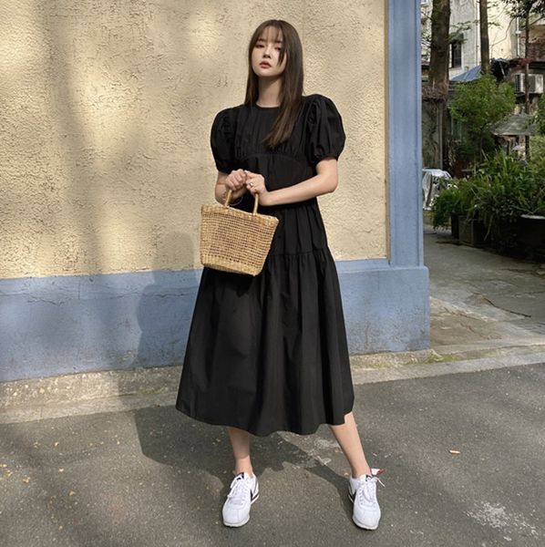 

llzacoosh elegant women solid female summer back lace up o-neck puff sleeves a line big swing loose dresses 210514, Black;gray