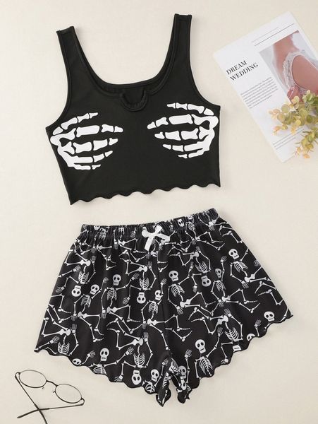 

plus skeleton print scallop trim tank & shorts pj set l9e0#, Black;white