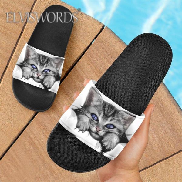 

slippers elviswords lovely cat 3d print women 1 pcs on demand brand slip slides for ladies flat female mules mujer, Black