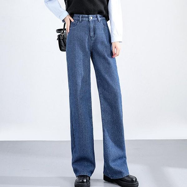 

Women's Jeans Wide Leg Winter Velvet Warm Knitting Denim Pants For Women 2021 High Waist Trousers Jean Pantalon Femme Blue Black