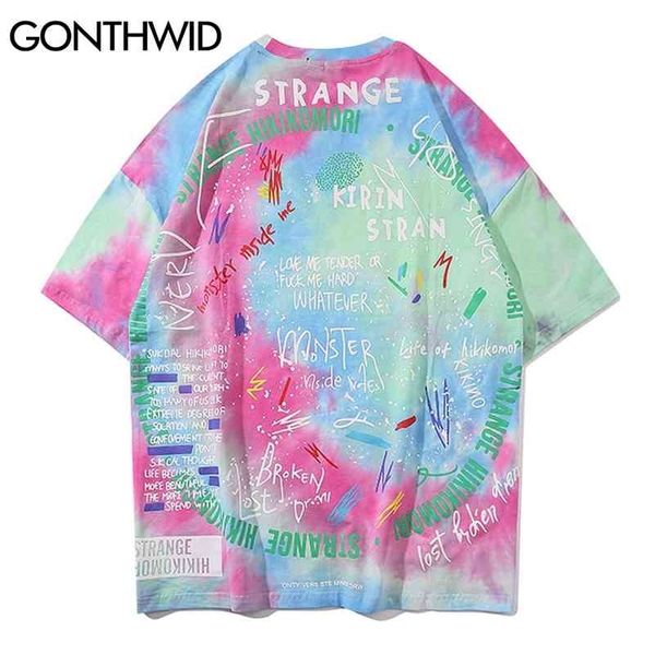 

gonthwid tie dye tees shirts streetwear hip hop graffiti print short sleeve tshirts mens harajuku hipster casual fashion 210324, White;black