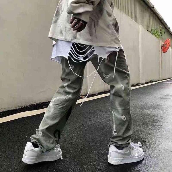 

jeans high street fashion brand hole graffiti jeans men's loose hip hop beggars straight pants2021, Black
