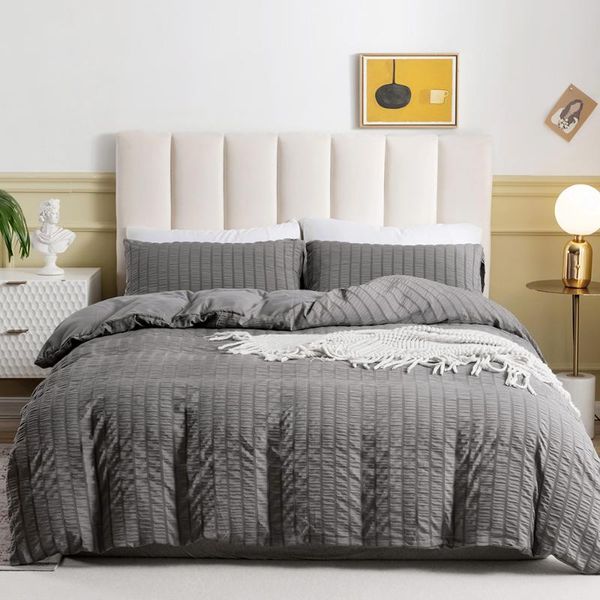 

grey seersucker luxury comforter bedding set fashion modern home textile bed linen duvet cover king  twin double size sets