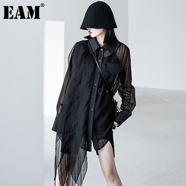 

[eam] women black big size irregular mesh blouse lapel long sleeve loose fit shirt fashion spring summer 1dd7554 210512, White