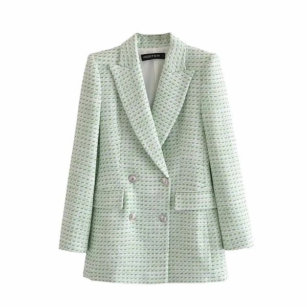 

stylish light green double breasted tweed women blazer jacket vintage long jacket coat office lady fashion outwear 210521, White;black