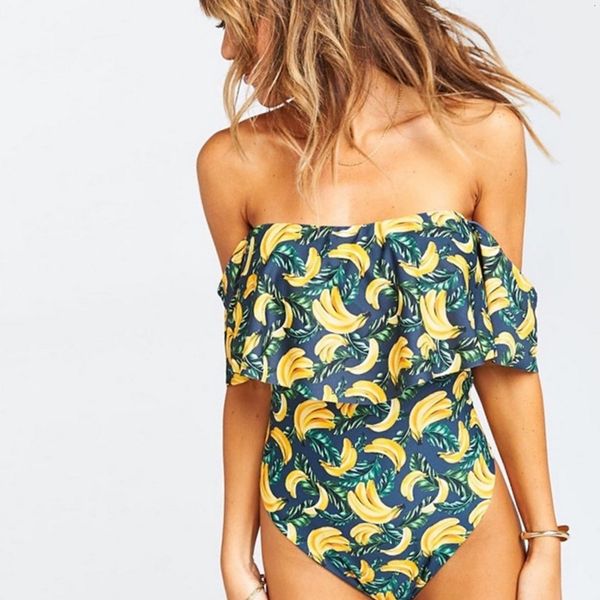 

women's swimwear bikini set off shoulder ruffles banana leaves bodysuit one piece women swimsuit traje bathing suit badpak ff, White;black