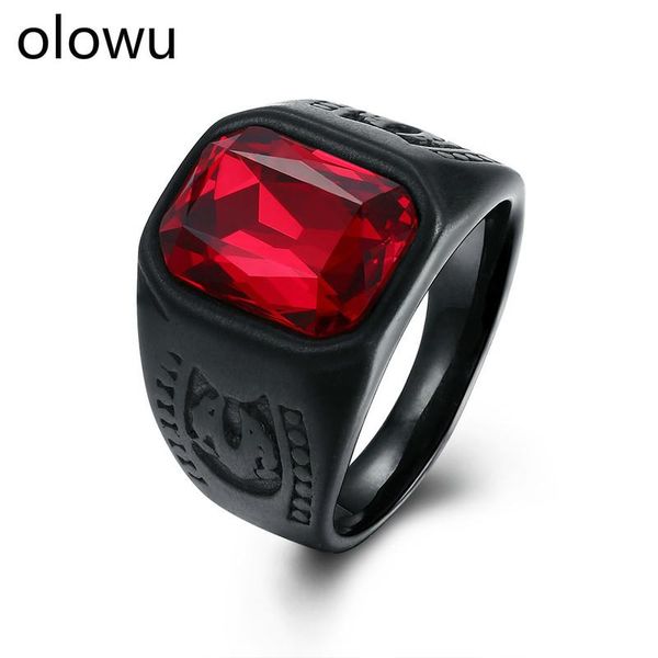 

cluster rings olowu hip hop men's ring red cubic zirconia stone square stainless steel black tone for men punk cool vintage jewelry wom, Golden;silver