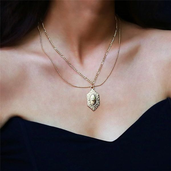 

chokers imixlot simple personality trendy gold clavicle chain necklace shield pendant double chains for female, Golden;silver