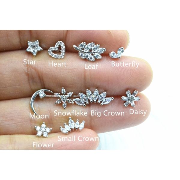 

lot50pcs jewelry- heart/daisy/flower cz ear studs/ helix bar upper body piercing tragus diath earring 16g, Silver