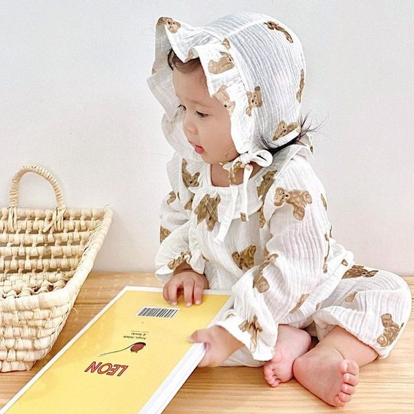 

jumpsuits 2021 autumn baby boys clothes breathable born linen cotton romper bear print jumpsuit long sleeve outfit girls 2pcs suit, Blue