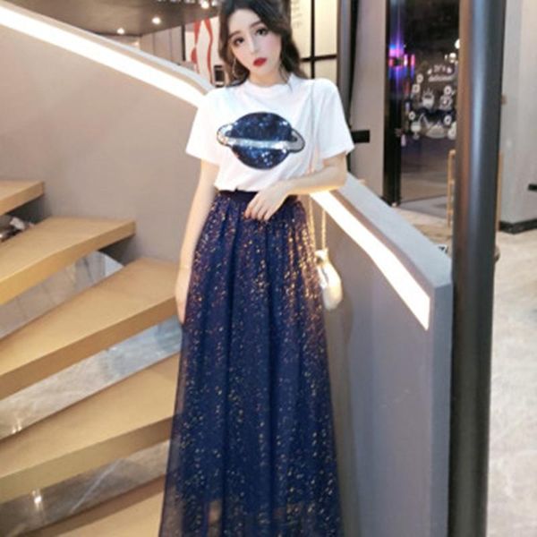 

two piece dress summer women 2 suit fashion sequins star short sleeve t-shirt+high waist mesh starry sky half body skirt, White