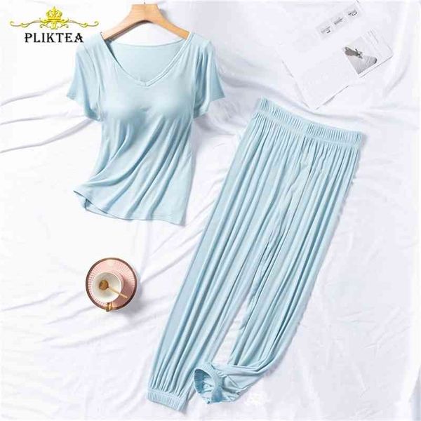 

autumn 2 piece set seamless chest pad cotton home clothes for women pants homewear atoff home sleepwear cotton female pajamas 210325, Black;red