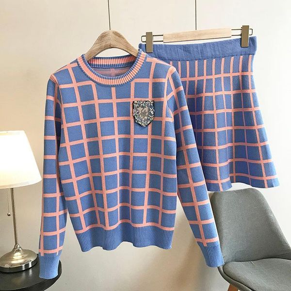 

autumn fashion knit set women dress sweaters skirt suits two piece long sleeve beading plaid sets outfits, White