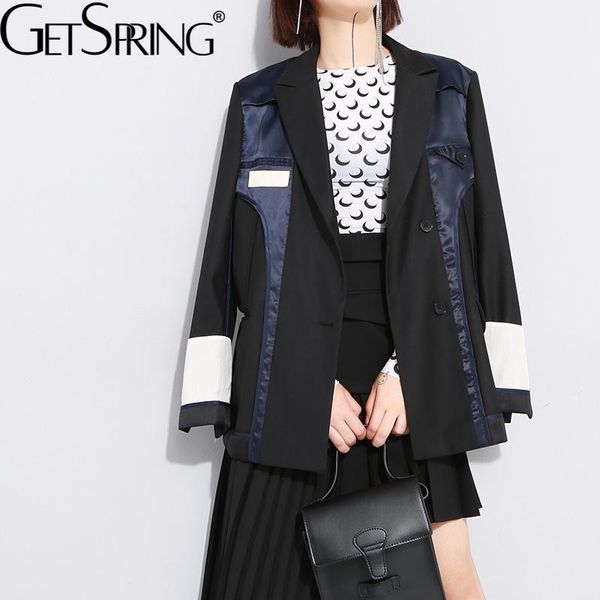 

women's suits & blazers getspring women suit blazer patchwork color matching casual and jackets irregular loose black coats 2021, White;black