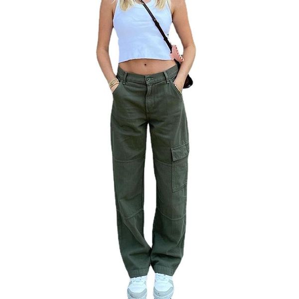 

women's jeans green vintage baggy pockets wide leg cargo pants streetwear casual low waist denim straight trousers 2021, Blue
