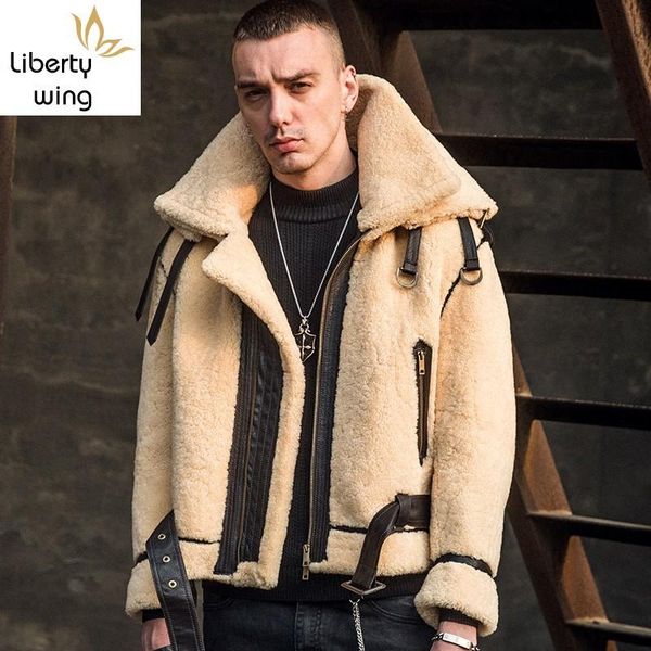 

men's leather & faux designer runway mens winter warm real coat shearling natural lamb fur jacket male motorcycle loose fit wool overco, Black