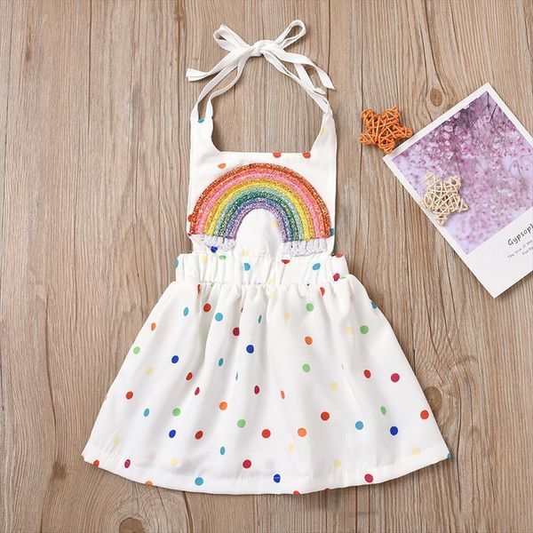 

girls rainbow summer childrens casual girl dress clothing sleeveless colorful polka dot neck costume age 0 24m, Red;yellow