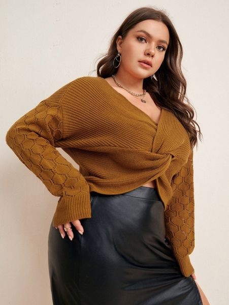 

plus twist front pointelle knit drop shoulder sweater n8xj#, Black