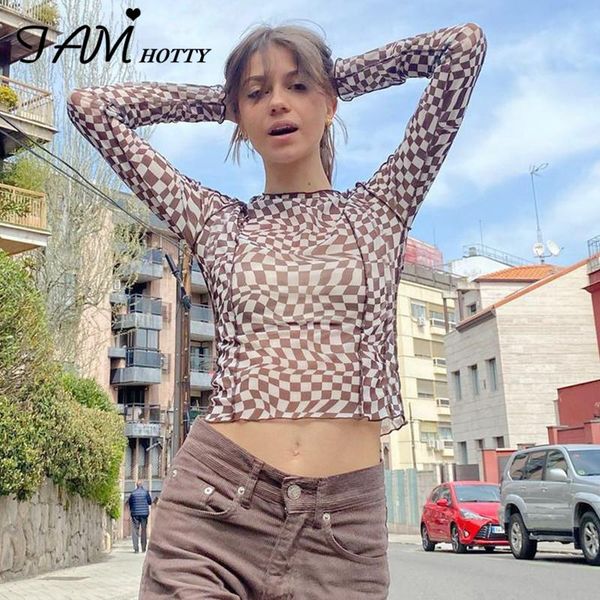 

women's t-shirt plaid printed see through mesh women korean fashion long sleeve tee vintage shirt summer ladies streetwear 2021 iamty, White