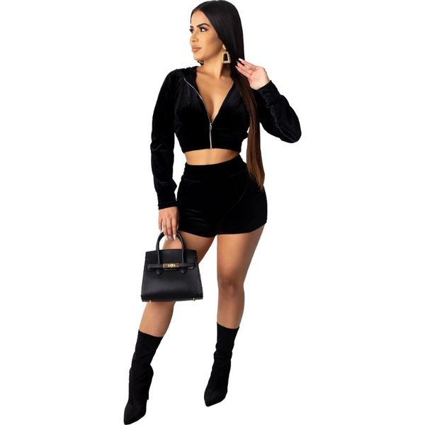 

women's tracksuits women shorts outfits fashion leisure velvet hooded zipper long sleeve short and two-piece suit set donsignet, Gray