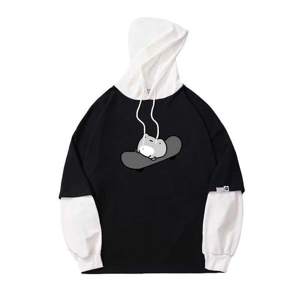 

hoodiesskateboard frog autumn sweatshirt fake two hooded sweaters, Black