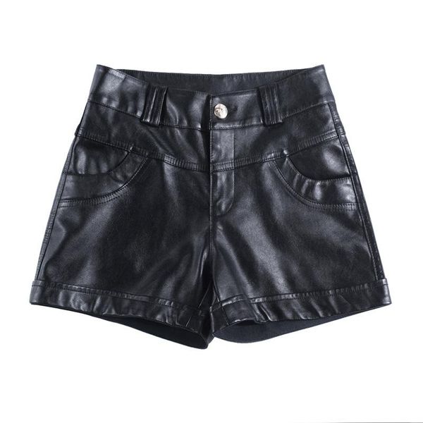 

women's shorts straight women chic fashion black faux leather vitnage high waist zipper pockets female short pants mujer plus size, White;black