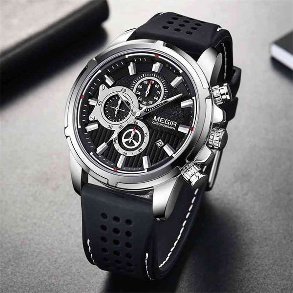 Relogio Masculino Megir Esporte Cronógrafo Silicone Mens Relógios Top Marca Luxo Relógio De Quartzo Impermeável Big Dial Watch Homens 210804