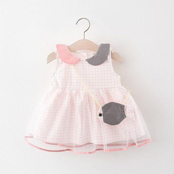 

summer girl plaid dress with fish bag girl's dresses, Red;yellow