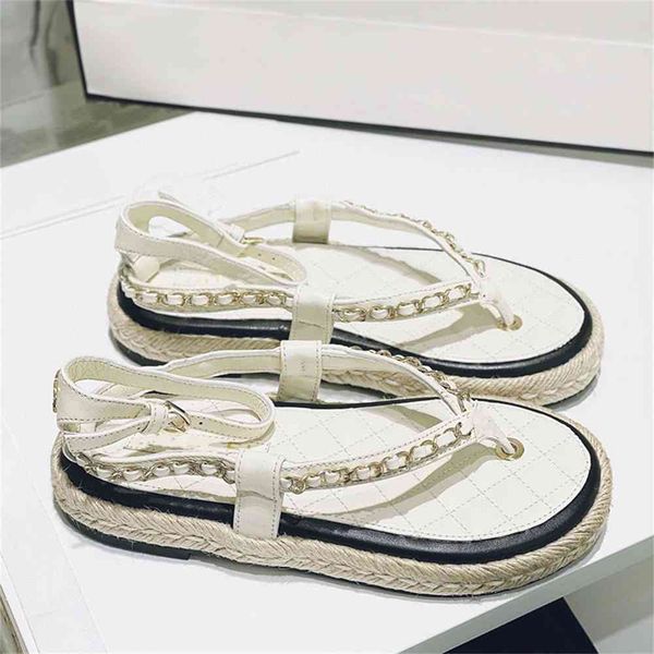 

80% off outlet store metal chain sandals women's leather rhombic clip toe ring one button straw rope thick bottom sandal, Black
