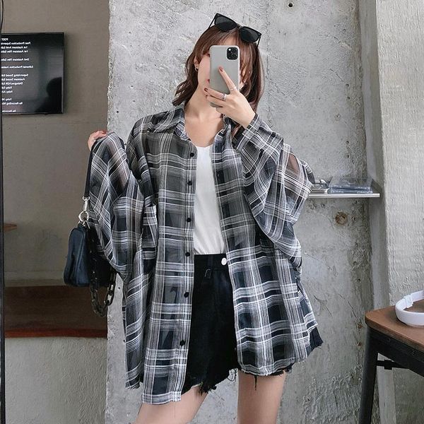

arrival women vintage plaid oversized blouse batwing sleeve turn down collar shirt autumn 2021 button up casual women's blouses & shir, White