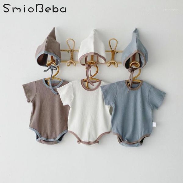 

jumpsuits ins summer korean baby boys rompers with hats 2pcs pit strip short sleeve bodysuit fart hatchback triangle creeper cap1, Blue