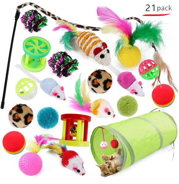 

cat toys kit collapsible tunnel indoor kittens teaser wand mice &balls pet teeth cleaning fun channel feather balls supplies