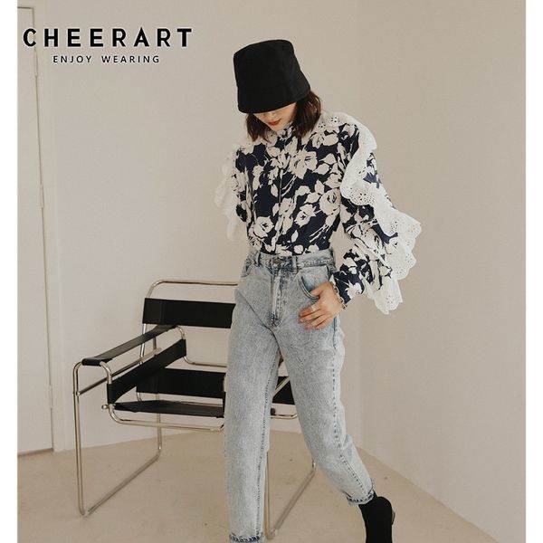 

ruffles lace blouse women floral long sleeve stand collar shirt designer high fashion ladies blouses fall clothes 210427, White