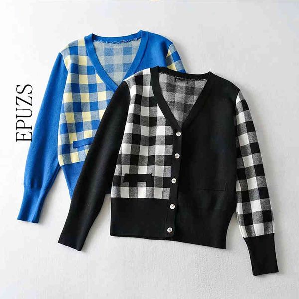 

vintage v-neck sleeve knitted sweater fashion slim plaid splicing warm cardigan sweater lady casual loose chic autumn winter 210430, White