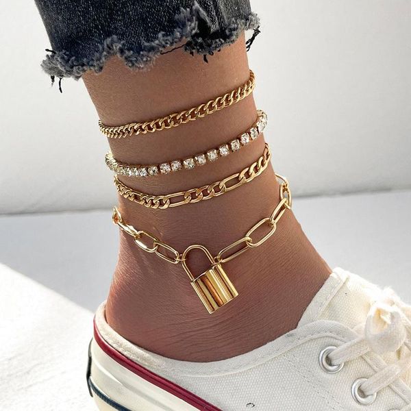 

anklets 4pcs/set punk bracelets set for women sandals summer 2021 fashion lock pendant jewelry schmuck gift sandels, Red;blue
