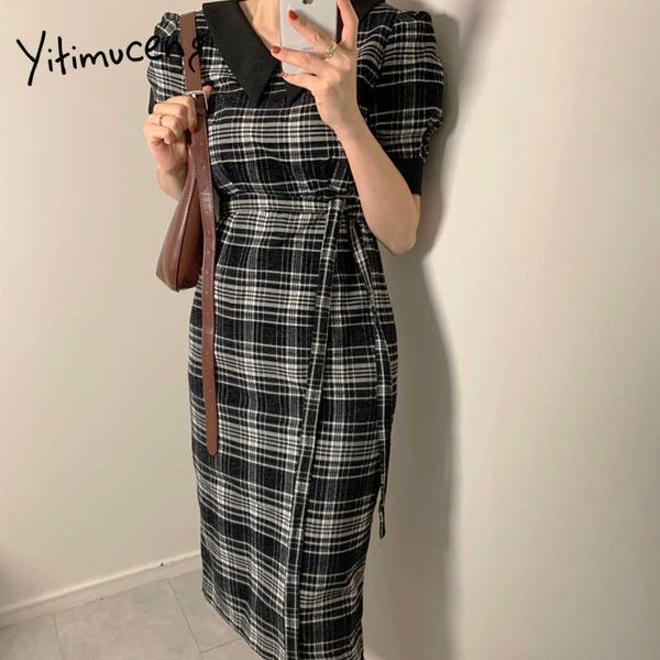 

yitimuceng plaid dresses women skinny fashion high waist vintage midi dress puff sleeve office lady black coffee summer 210601, Black;gray