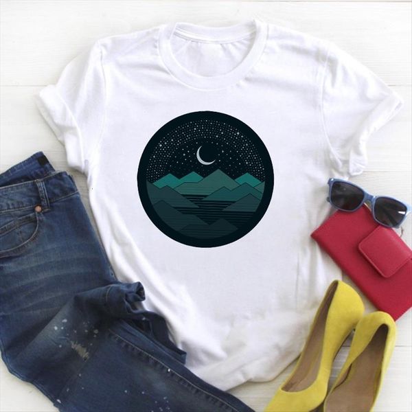 

moon star printing fashion womens t shirt print short sleeve summer tee clothes graphic, White