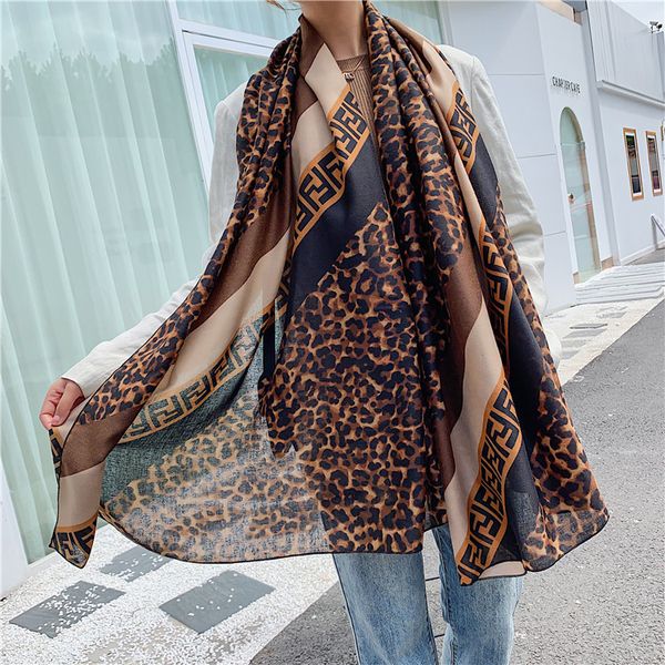 

design 2021 new korean dongdamen leopard silk scarf female letter long cotton linen scarf shawl, Blue;gray