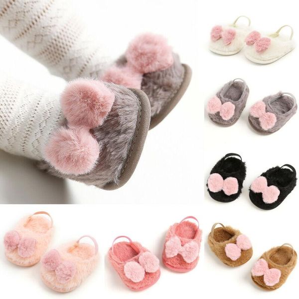 

born toddler baby girls slippers winter warm plush infant cute faux bow soft crib anti-slip shoes home casual athletic & outdoor, Black