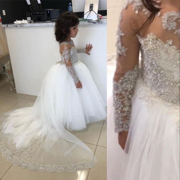 

2021 cute white flower girls dresses for weddings jewel neck lace appliques crystal beads long sleeves tulle kids birthday girl pageant gown, White;blue