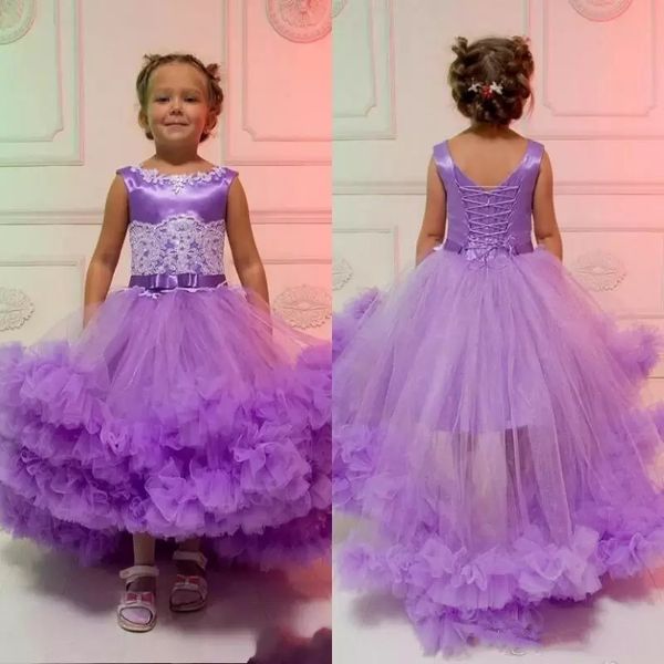 

lavender high low flower girl dresses appliques lace up sash ruffles tiered girls pageant party dress for wedding bridesmaid robes de fÃªte, White;blue