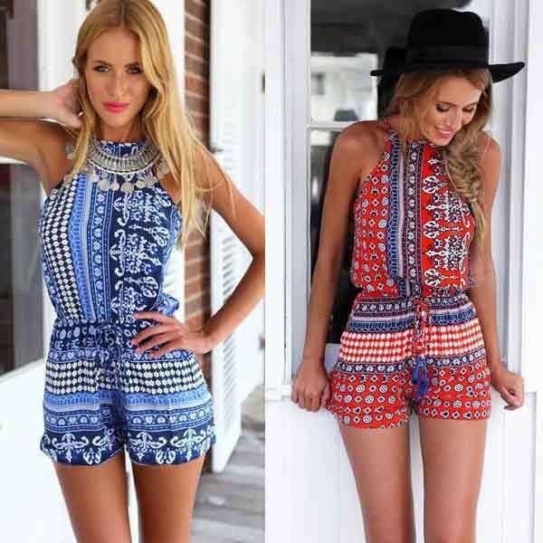 

summer jumpsuiit sleeveless fashion boho printed romper short romper jumpsuit for lady, Black;white